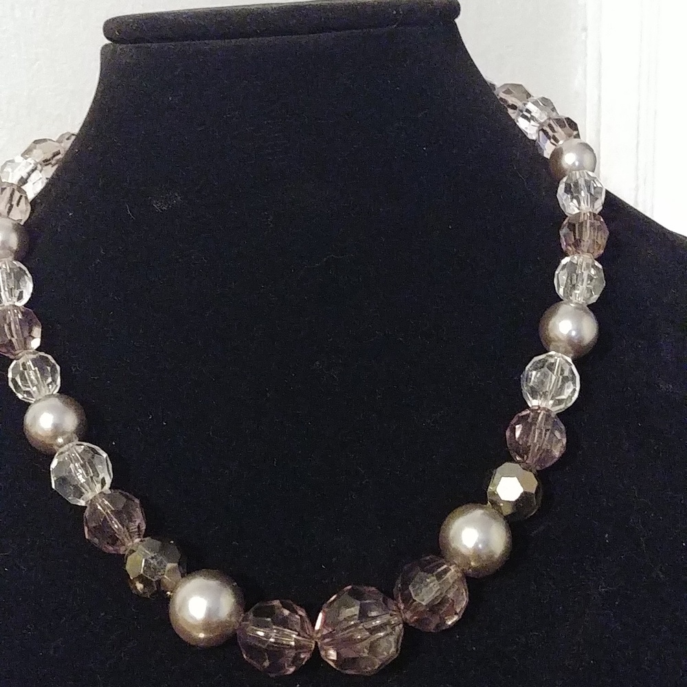 Silver, Smokey gray & clear faceted crystal 16 inch with 2-in extender necklace